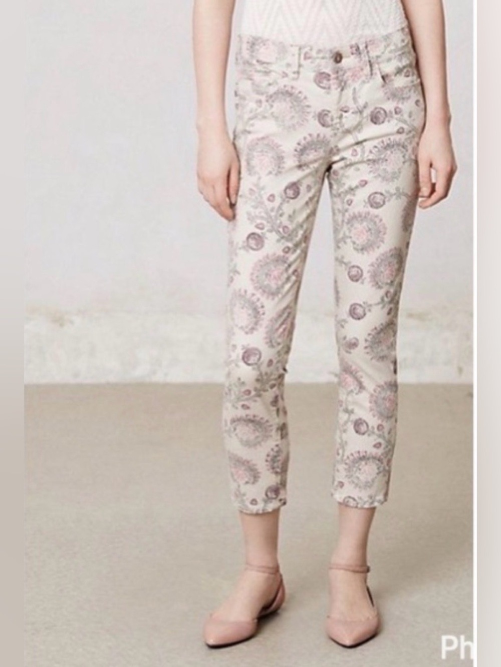 Anthropologie Pilcro Stet Fit Paisley Floral Print Crop Jeans SZ 29 Cream Pink